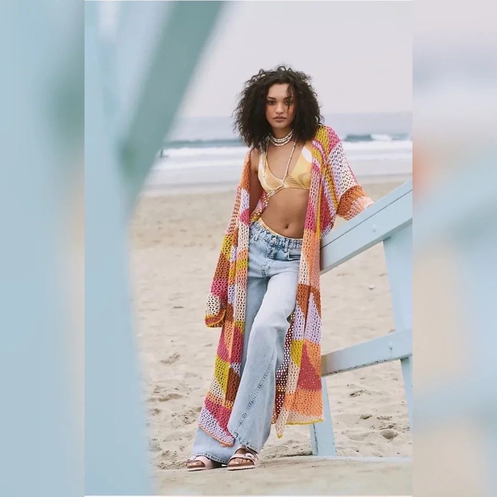 Free People Chasing Rainbows Cardi Crochet Maxi Size M/L